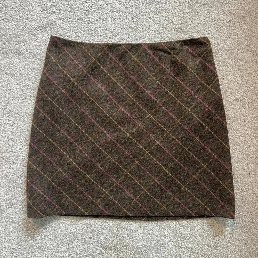 J. Crew Brown Windowpane Plaid Wool Mini A-line Skirt Size 0